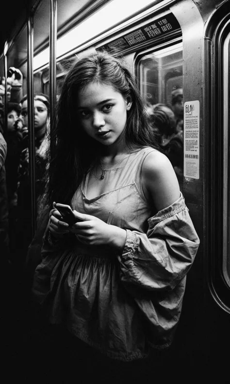 Best quality, masterpiece, ultra high res, (photorealistic:1.4), raw photo, ((monochrome)), ((grayscale)), black and white photography, street photography, trending on flickr, 1girl, offshoulder, in the dark, deep shadow, low key, cold light, deep contrast, bokeh, depth of field, (looking at viewer, softly smiling), a photo of a inside a subway car holding her cellphone, wall full of grafittis, Drew Tucker, award-winning photograph, a black and white photo, neoism, background crowds, people in backgrounds, ((upper body)), ((straight photo)), BREAK <lora:difConsistency_photo:0.5>, BREAK <lora:difConsistency_detail:0.8>, film photoshoot, hazy background, smoky,film photo,,film grain,vintage photo with film grain