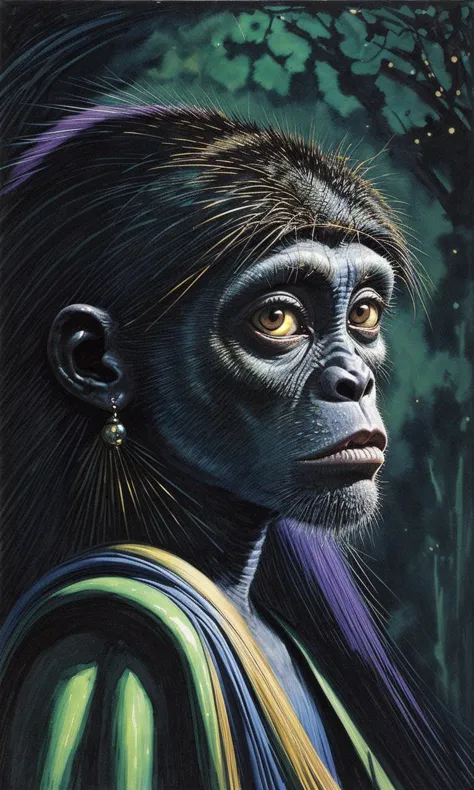 Portrait of an old republic exotic female grand spider monkey empress from the alien world of amazonia, in the style of Vermeer,...