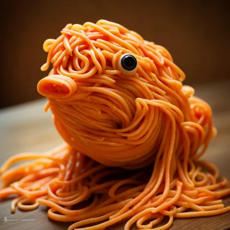 Photography of a {sapo made of noodles with carrots, perfect composition, masterpiece, best quality,}, highly detailed, instagra...