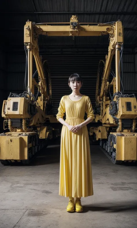 Woman in yellow clothes standing next to some yellow machines, Iu's face, visual impact, 32K, zhang jingna's style, i can't beli...