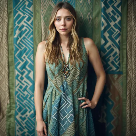 Photography of a {Full body portrait of Elizabeth Olsen in a fashion shoot, viking runic patterns on sundress, and bright blues ...