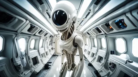 Photography of a {Security cam footage inside a space craft of a full body of a white porcelain robotic Xenomorph, smooth white ...