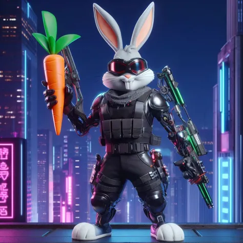 Cinématique film still néonpunk style ((Bugs Lapin)), en tenue Cyberpunk, porter des lunettes, Tenir une carotte dans une main, un fusil attaché à un bras, debout au sommet d&#39;un grand bâtiment, avec les gratte-ciel de la ville en arrière-plan et les panneaux lumineux au néon, cyberpunk, onde de vapeur, néon, ambiance, vibrant, incroyablement belle, Croustillant, détaillé, lisse, moderne, reflets magenta, ombres violet foncé, Contraste élevé, Cinématique, ultra détaillé, complexe, professionnel, Faible profondeur de champ, vignette, highly détaillé, film hollywoodien à gros budget, bokeh, cinémascope, lunatique, épique, magnifique, grain de film