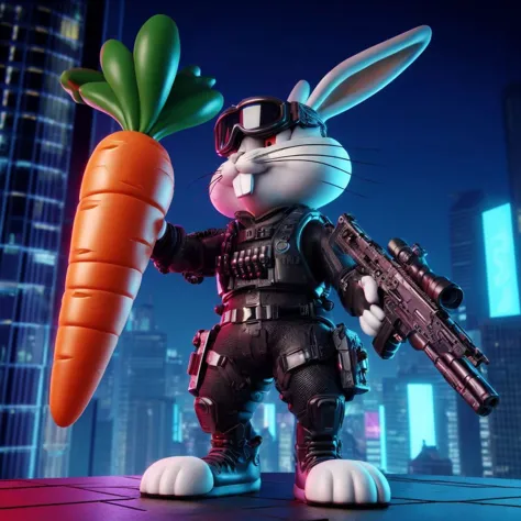 neonpunk style ((Bugs Bunny)), in Neonpunk gear, wearing goggles, holding a carrot in one hand, a rifle in the other hand, stand...