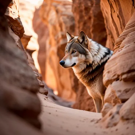 Photography of a {a desert canyon with a wolf in it}, highly detailed, instagram flickr, sharp focus, canon 5d f16.0 style, natu...