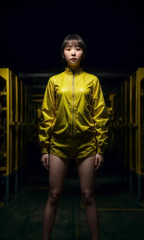 Woman in yellow clothes standing next to some yellow machines, Iu's face, visual impact, 32K, zhang jingna's style, i can't beli...