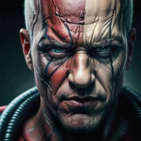 (sharp focus:1.2), Best quality, detailed, hyper real, Deadpool but Evil Clown, up-close shot, hd wallpaper, 4k, highly detailed...