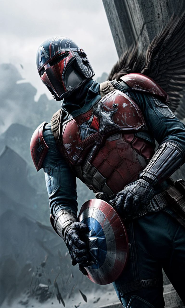 Extremely detailed and ultra - realistic full body illustration of Captain America as a Mandalorian, his helmet retaining the trademark winged A design of his classic mask, blended seamlessly with the traditional Mandalorian T - visored helmet. The helmet's reflection captures the intensity of the battle scene around him. He's holding his iconic shield, which now shows a blend of vibranium and beskar steel aesthetics, reflecting the world around him in its polished surface. His posture is vigilant and ready for combat. The backdrop is a gritty, smoke - filled battlefield under an overcast sky, as if rendered by Unreal Engine 5, giving a tangible sense of looming danger and high stakes. This piece carries an anime influence as inspired by the Niji model, adding a stylized edge to the hyper - realism. Portrait orientation with a ratio of 9: 16 completes the epic composition., 
