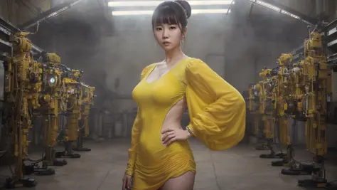 Woman in yellow clothes standing next to some yellow machines, Iu's face, visual impact, 32K, zhang jingna's style, i can't beli...