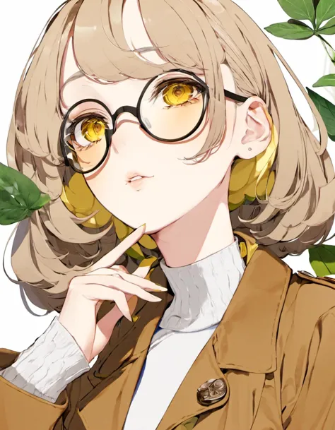 anime girl with glasses and a brown coat with a green leaf