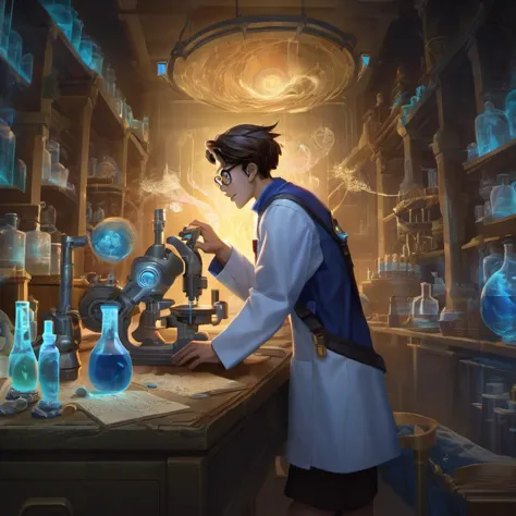 fantastic detailed photography of a perfect boy scientist analyzing data in a laboratory, intricate details, detailed background...