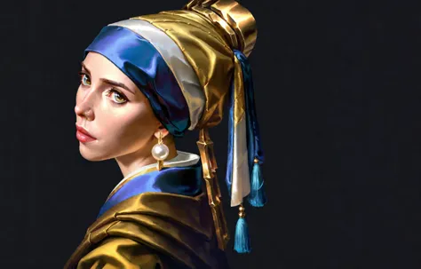 a close up of a woman with a pearl earring and a blue and gold dress