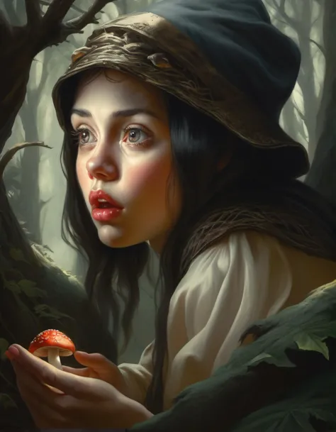 painting of a girl in a hat holding a mushroom in a forest