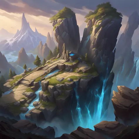 fantastic detailed photography of a perfect a telepath controlling rock formations on a mountain to create a makeshift base, intricate details, detailed background
league of legends, legends of runeterra, valorant, lolsplashart, mlbbsplashart