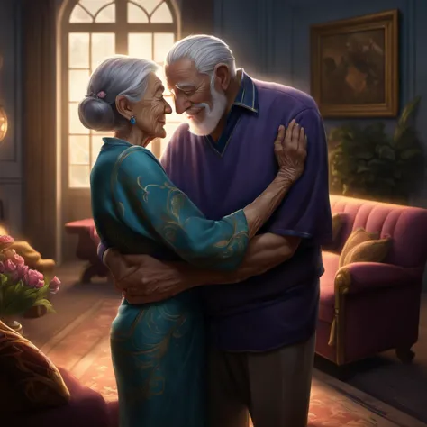 fantastic detailed photography of a perfect an elderly couple, sharing a sweet, slow dance in their living room, lost in their o...