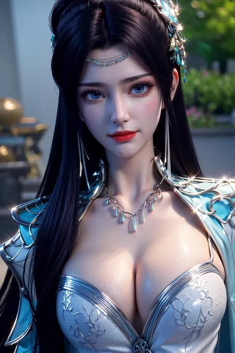 cinematic photo,masterpiece,(best quality:1.2),official art,extremely detailed cg 8k wallpaper,(looking at viewer:1.4),((crystalstexture skin)),(extremely delicate and beautiful),queen,1gir,solo,looking_at_viewer,(blue long hair:1.4),smile,(large breasts:1...
