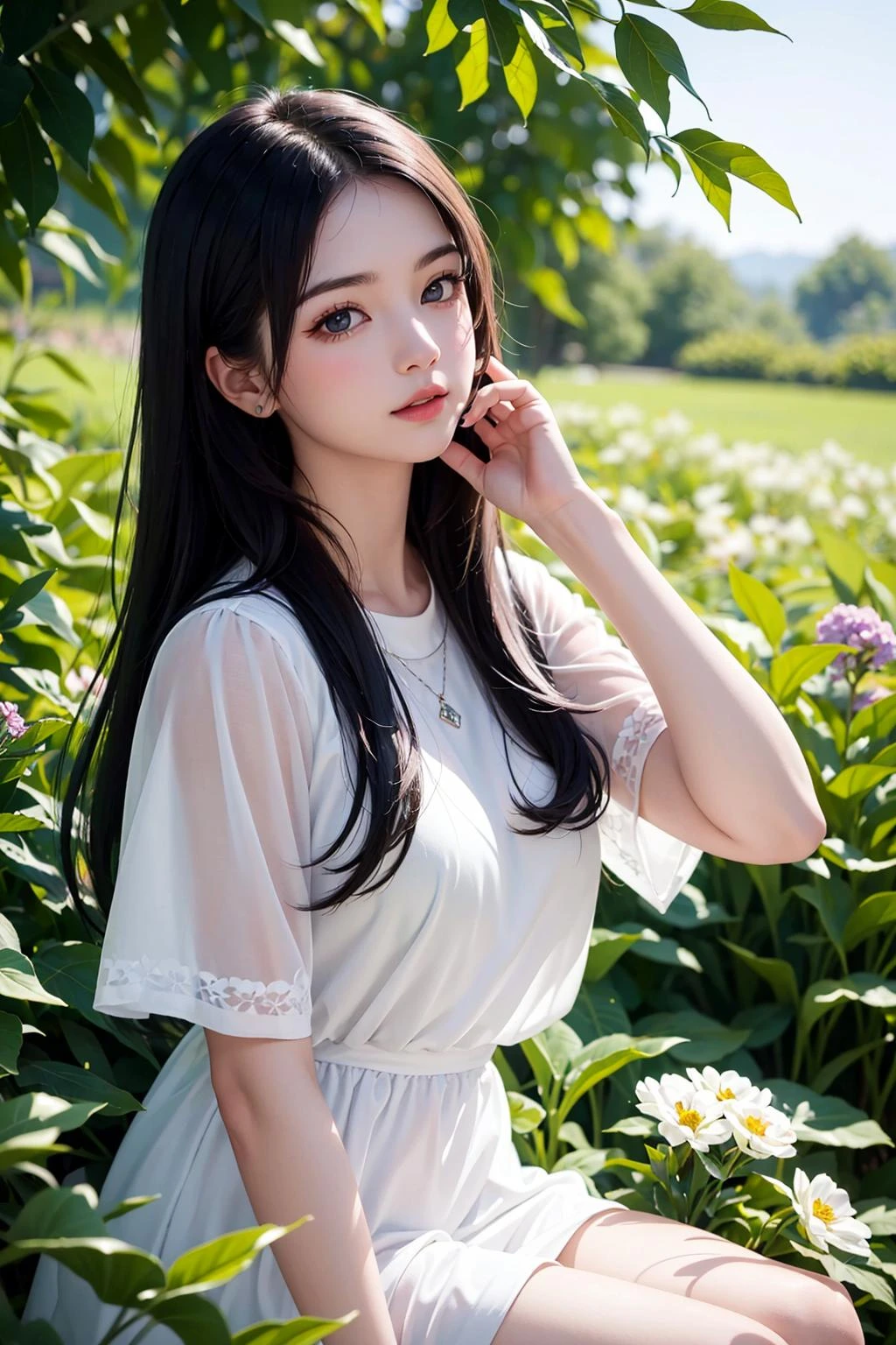 (傑作, 最高品質),緑の植物と花の畑に座っている長い黒髪の少女1人,彼女は顎の下に手を置いた,温かみのある照明,白いドレス,