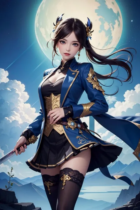 (best quality:1.4),(masterpiece:1.4),a girl holding a sword,in the style of dark azure and light azure,mixes realistic and fantastical elements,vibrant manga,uhd image,glassy translucence,vibrant illustrations,genshin impact,open jacket,skirt,thighhighs,cl...