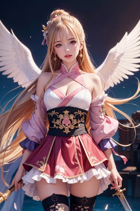 (best quality:1.4),(masterpiece:1.4),a girl holding a sword,in the style of dark pink and light pink,mixes realistic and fantastical elements,vibrant manga,uhd image,glassy translucence,vibrant illustrations,genshin impact,open jacket,skirt,thighhighs,clou...