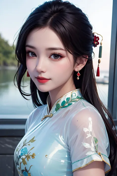 (best quality, masterpiece, 8K, ultra high res, realistic:1.3),(Beautiful and detailed face:1.2),(close up:1.2),1girl,solo,looking at viewer,big eyes,small breasts,slim body,arms at sides,smile,(Extremely detailed chinese long embroidery silk robe:1.2),ear...