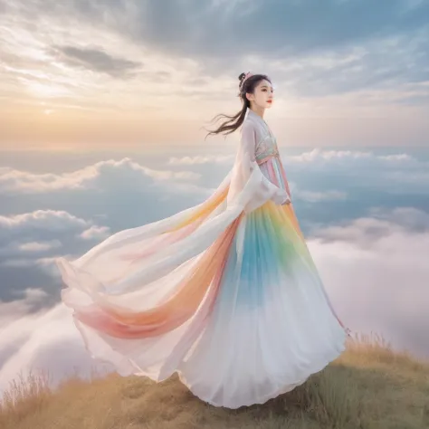 The impressionistic image is of a beautiful girl in rainbow-colored Hanfu soaring in the clouds on a giant white tiger. The girl...