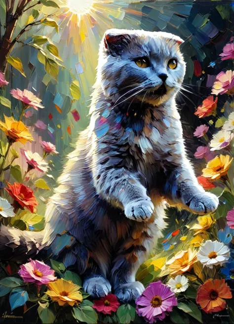 painting of a cat in a garden with flowers and a sun