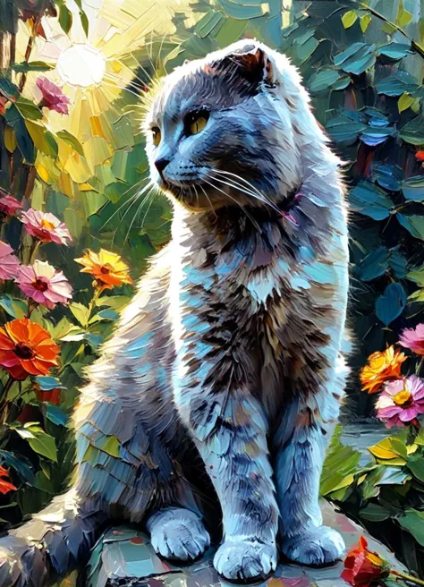 painting of a cat sitting on a rock in a garden