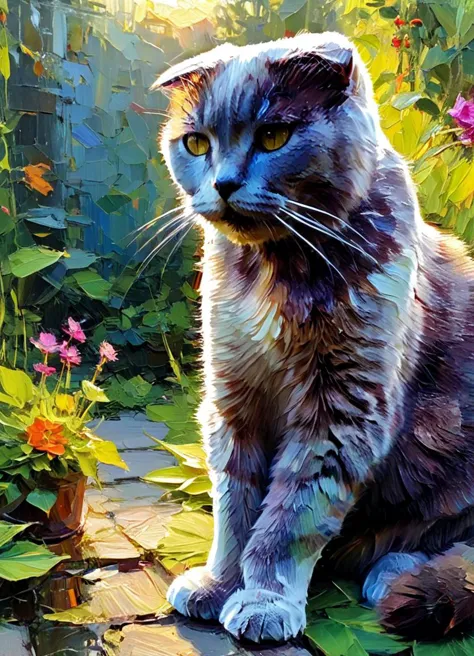 painting of a cat sitting on a stone path in a garden