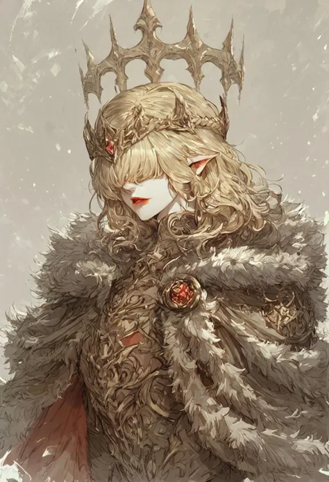 a drawing of a woman in a crown and a fur coat