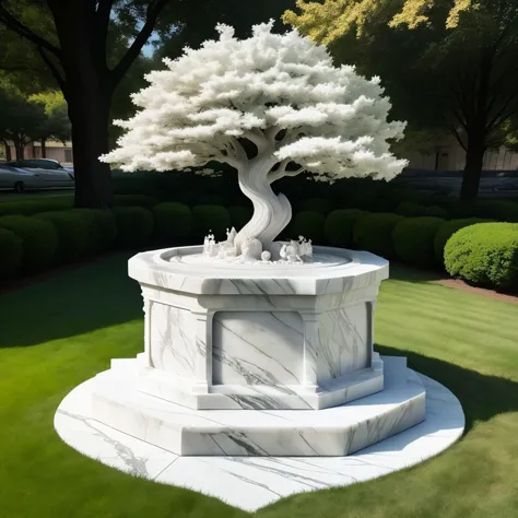 a (marblecarvingcd, marble, white:1.2, shiny:1.2) tree, (solo:1.2), <lora:marblecarvingcd-000013:0.7>, no humans, high quality, realistic, photorealistic, masterpiece, long-focus, (outdoors, on lawn),