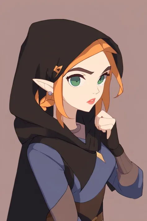 solo, 1girl, totkzeldadef, parted lips, looking away, crown braid, hairclip, pointy ears, green eyes, thick eyebrows, black cape, hooded cape, blue shirt, long sleeves, black gloves, fingerless gloves, black pants, tight pants, belt, ,Spec Style<lora:EMS-381670-EMS:1.000000>, <lora:EMS-367949-EMS:0.800000>