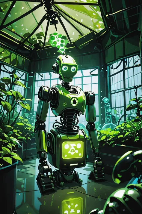 a close up of a robot standing in a room with plants