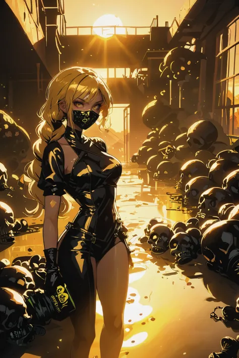 a woman in a black outfit standing in a room full of skulls