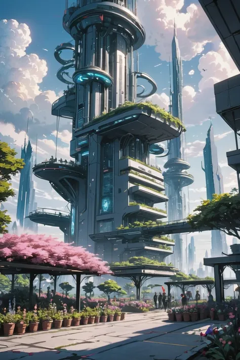 a futuristic city with a tall tower surrounded by trees