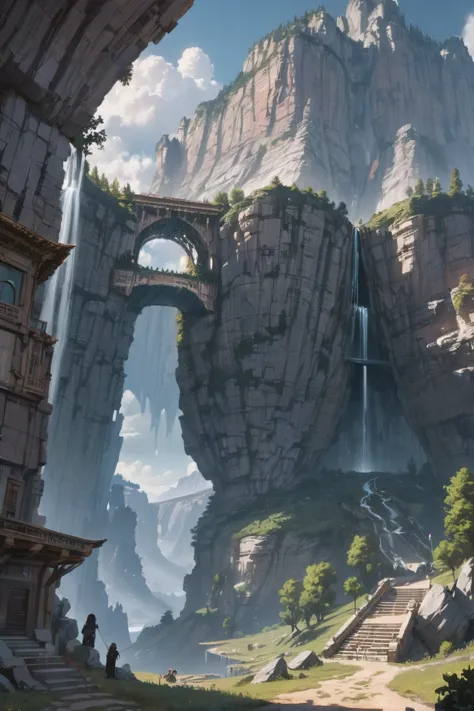 a painting of a waterfall and a bridge in a mountain