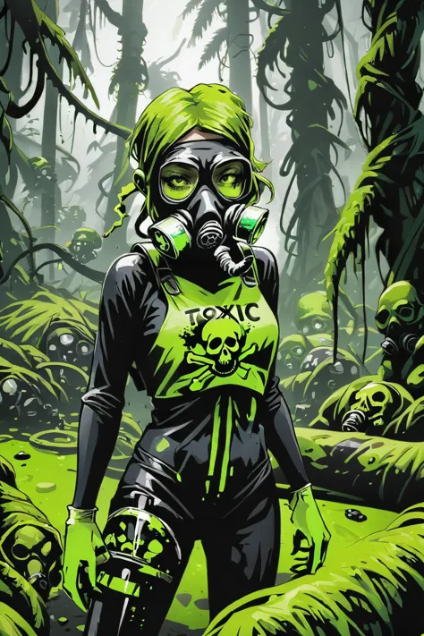 a woman in a gas mask and green shirt standing in a forest