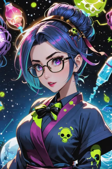 a woman with glasses and a bow tie standing in front of a space filled with skulls