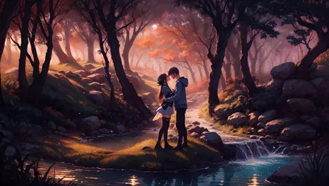 lovers embracing, forest, (Masterpiece, Best Quality:1.4), top quality, (8k resolution), cg unity wallpaper, hyperrealistic, digital illustration, official art,(hyperdetailed), natural lighting, full background, beautiful, perfect, floating particles, vivid, shimmer, shallow depth of field, perfect lighting, (deep depth of field:1.5), dappled sunlight, (halation:0.8), (highres),FFIXBG,LODBG, trending on pixiv, vivid colors, octans, mocha style, <lora:[LoHa] Octanså«åå Stylev2:1> <lora:more_details:0.5>  <lora:Ghibli_v6:0.5> <lora:mocha style:0.5> <lora:DiscoElysiumStyle:0.5>