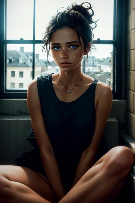 an award winning photo of a beautiful exhausted tan skin woman with beautiful eyes and freckles, messy bun, messy dark hair, sit...