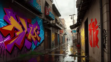 best quality, masterpiece, cinematic, volumetric lighting, graffiti art on an alley wall, rainy, grungy, dirty alley