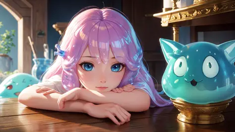 best quality, masterpiece, cinematic, volumetric lighting, realistic, fine detail, detailed face, cute slime