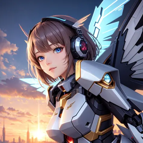 best quality, masterpiece, cinematic, volumetric lighting, sidelighting, mecha, 1girl, mecha musume, wings, detailed face, detai...