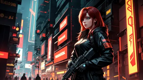 best quality, masterpiece, cinematic, volumetric lighting, cyberpunk, redhead, 1girl, techwear