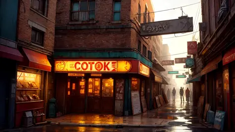 best quality, masterpiece, cinematic, volumetric lighting, neon storefront, grungy, dirty alley