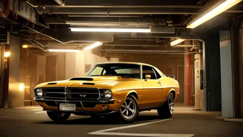 best quality, masterpiece, cinematic, classic muscle car, underground parking lot, night, volumetric lighting, fluorescent light...