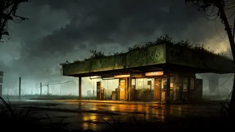 best quality, masterpiece, cinematic, horror, sinister, abandoned gas station, overgrown, vegetation, moist, damp, night, dark, ...