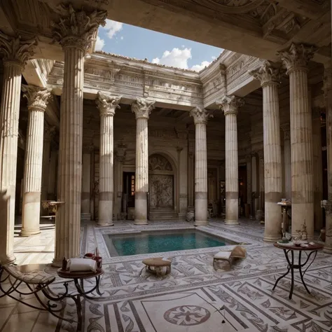 (masterpiece:1.2), (best quality,:1.2), 8k, HDR, ultra detailed, ((photorealistic)), professional light, cinematic lighting, fashion photography, ambient lighting, face lighting, Fantasy picture, OverallDetail, ancient roman room with columns and a skylight above it and a pool in the middle of the room with a blue floor, RomInt, epiCPhoto