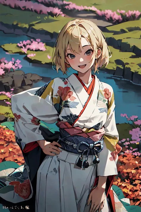 anime girl in kimono outfit standing in front of a river