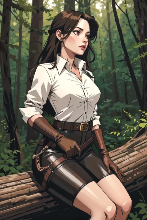 1girl, vector art, hunter woman, woman, hunting clothes, leather belt, white shirt, brown gloves, red eyes, sitting on a tree br...