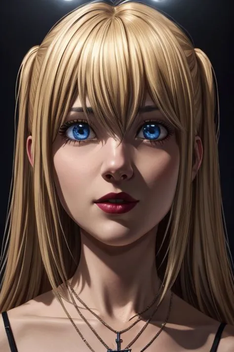 <lora:MisaAmaneV3:0.75>, closeup, Misa Amane,blue eyes,shy,blonde hair,cross necklace,gothic,woman,masterpiece,best quality,high...